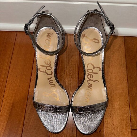 Sam Edelman Metallic Pewter Silver Crocodile Print Patti Sandals - Picture 3 of 9
